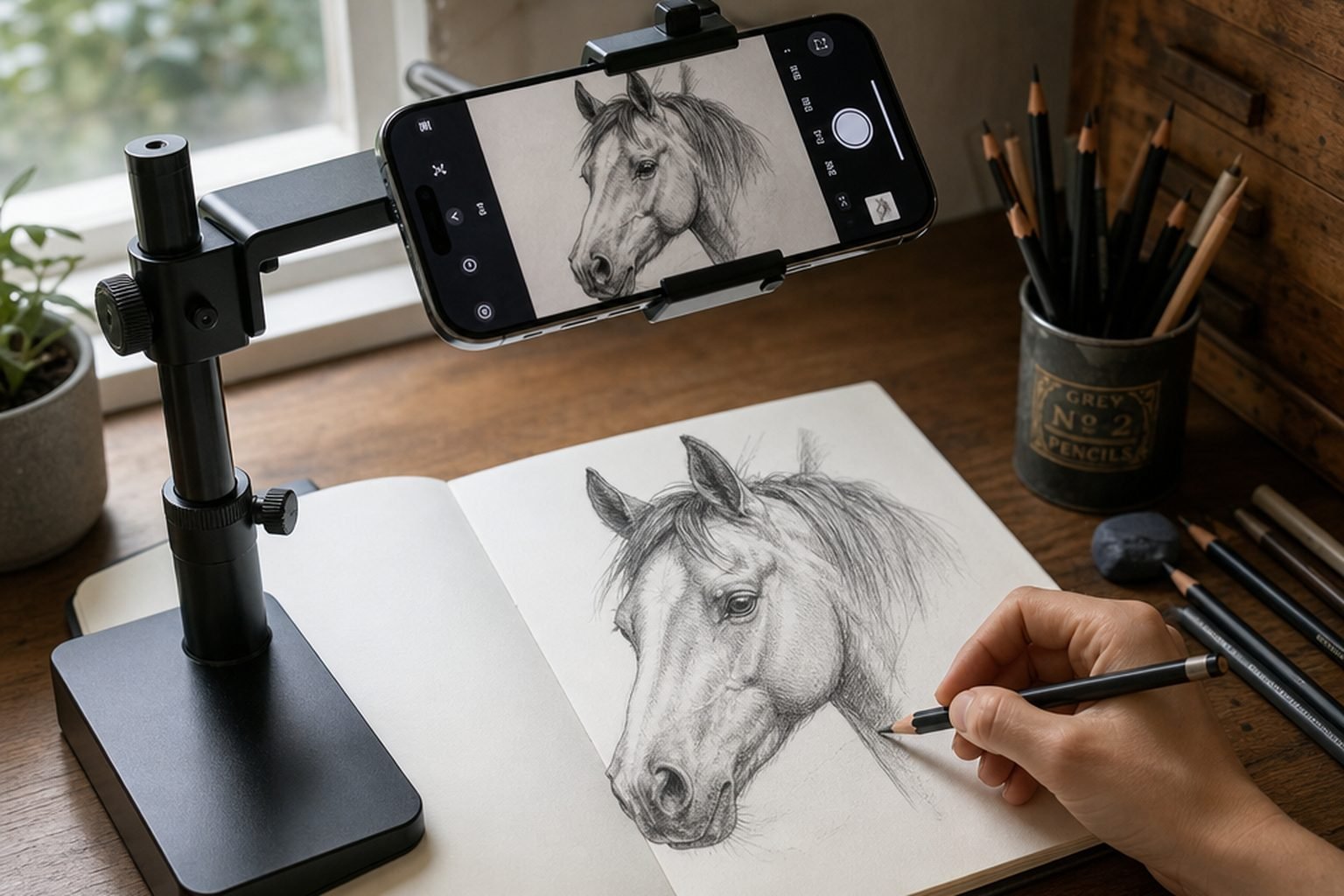 Illustration: a phone on a gooseneck arm held flat above an open sketchbook, its screen showing the Grid Maker Pro AR trace studio with a portrait reference locked over the page below