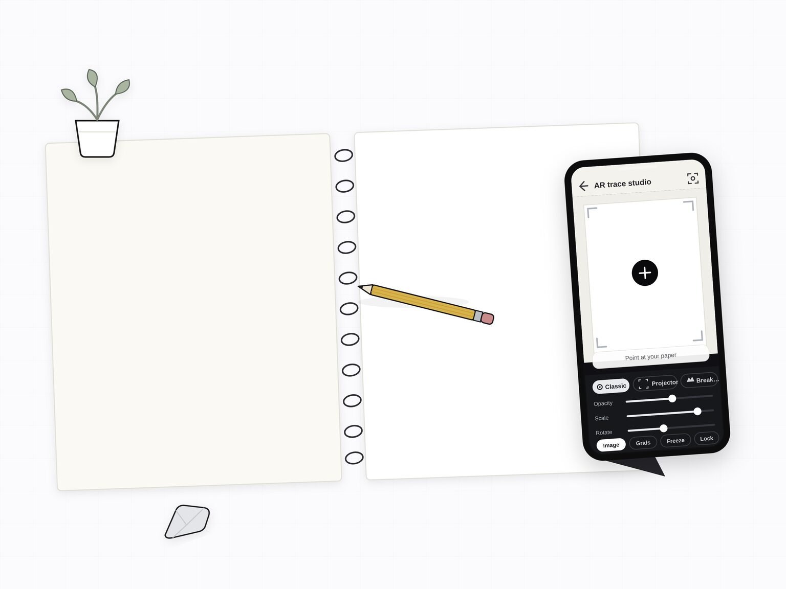 Illustration: a blank sketchbook, a pencil and a phone showing the AR trace studio ready to start a new trace