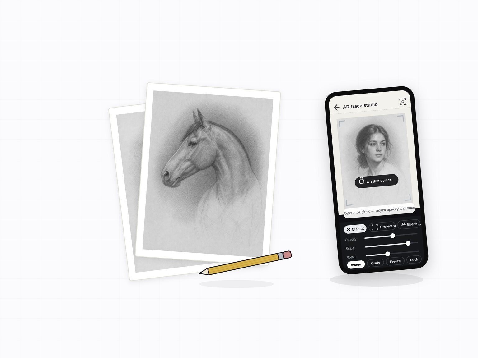 Illustration: printed reference drawings beside a phone showing the AR trace studio with an on-device padlock badge
