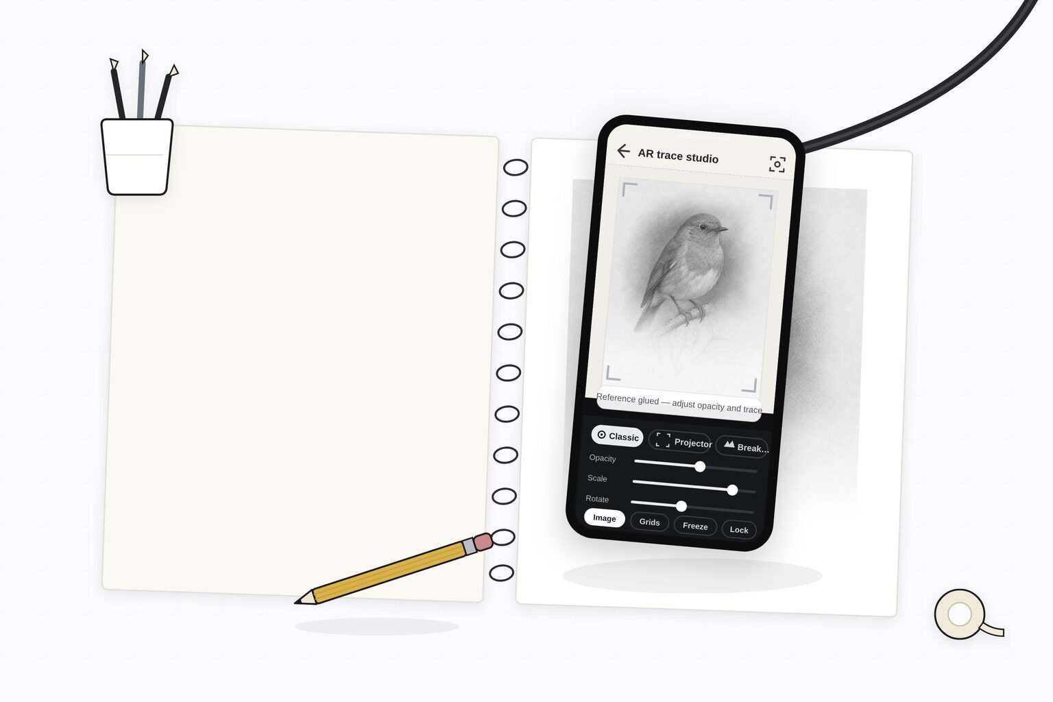 Illustration: a phone held above a sketchbook on a gooseneck arm, the AR trace studio showing a bird reference locked over the drawing in progress