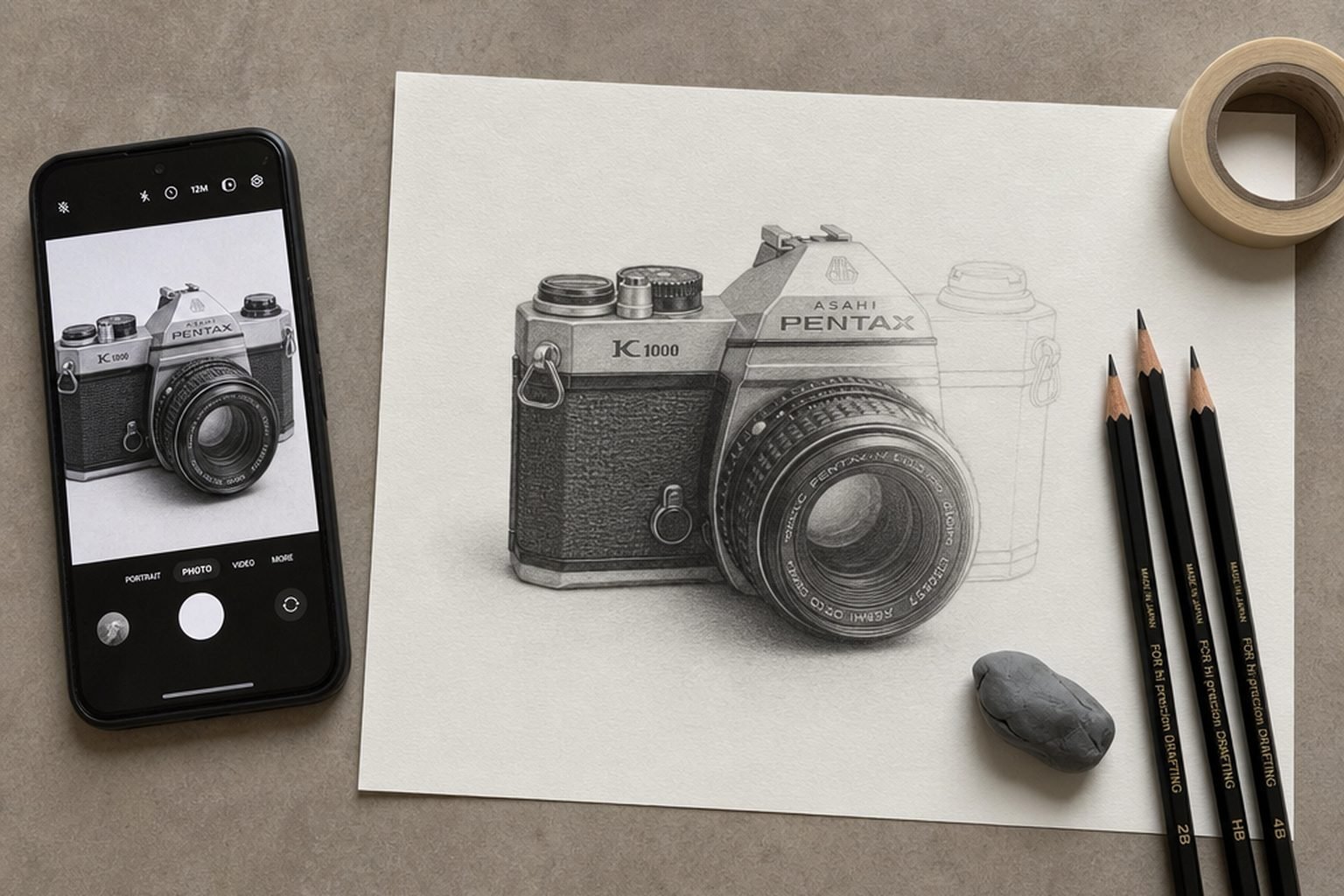 Illustration: an overhead view of a sketchbook with a portrait study, a phone showing the AR trace studio, and graphite pencils