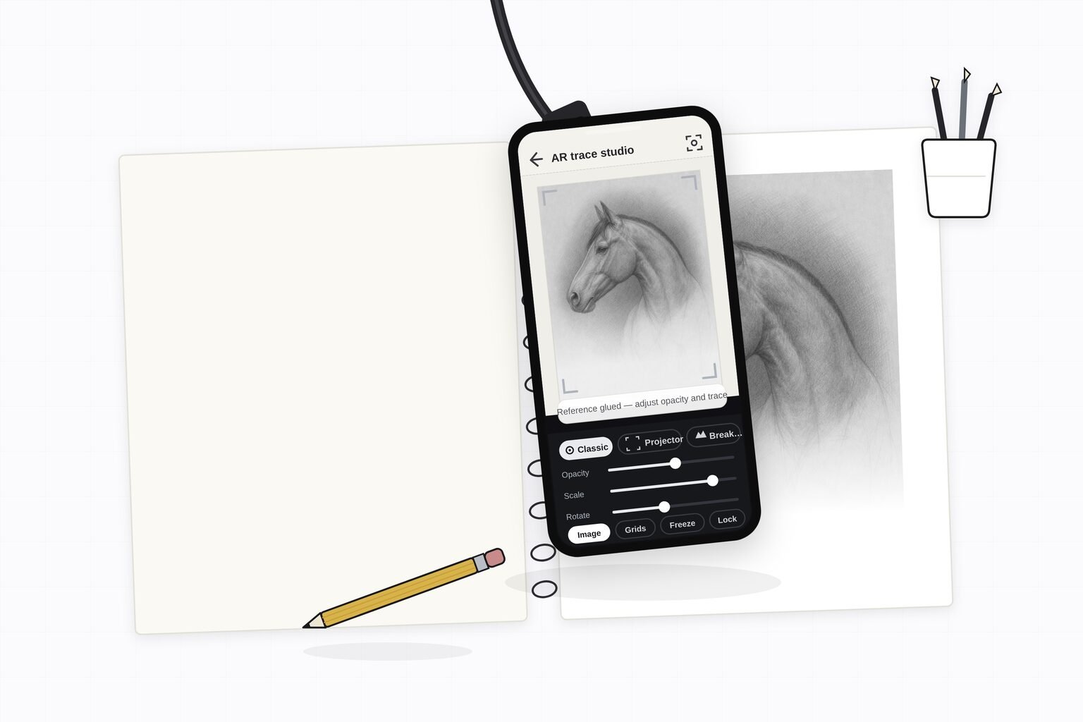 Illustration: a phone on a gooseneck arm above a sketchbook, the AR trace studio showing a horse reference locked over the page