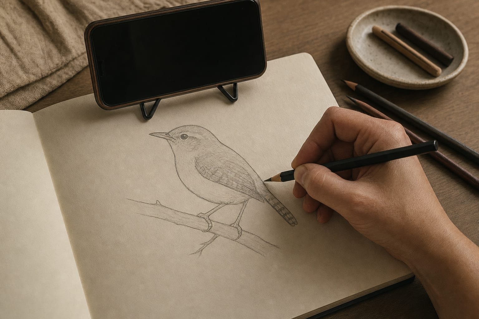 Hand drawing construction lines in a sketchbook beneath a smartphone propped on a low stand
