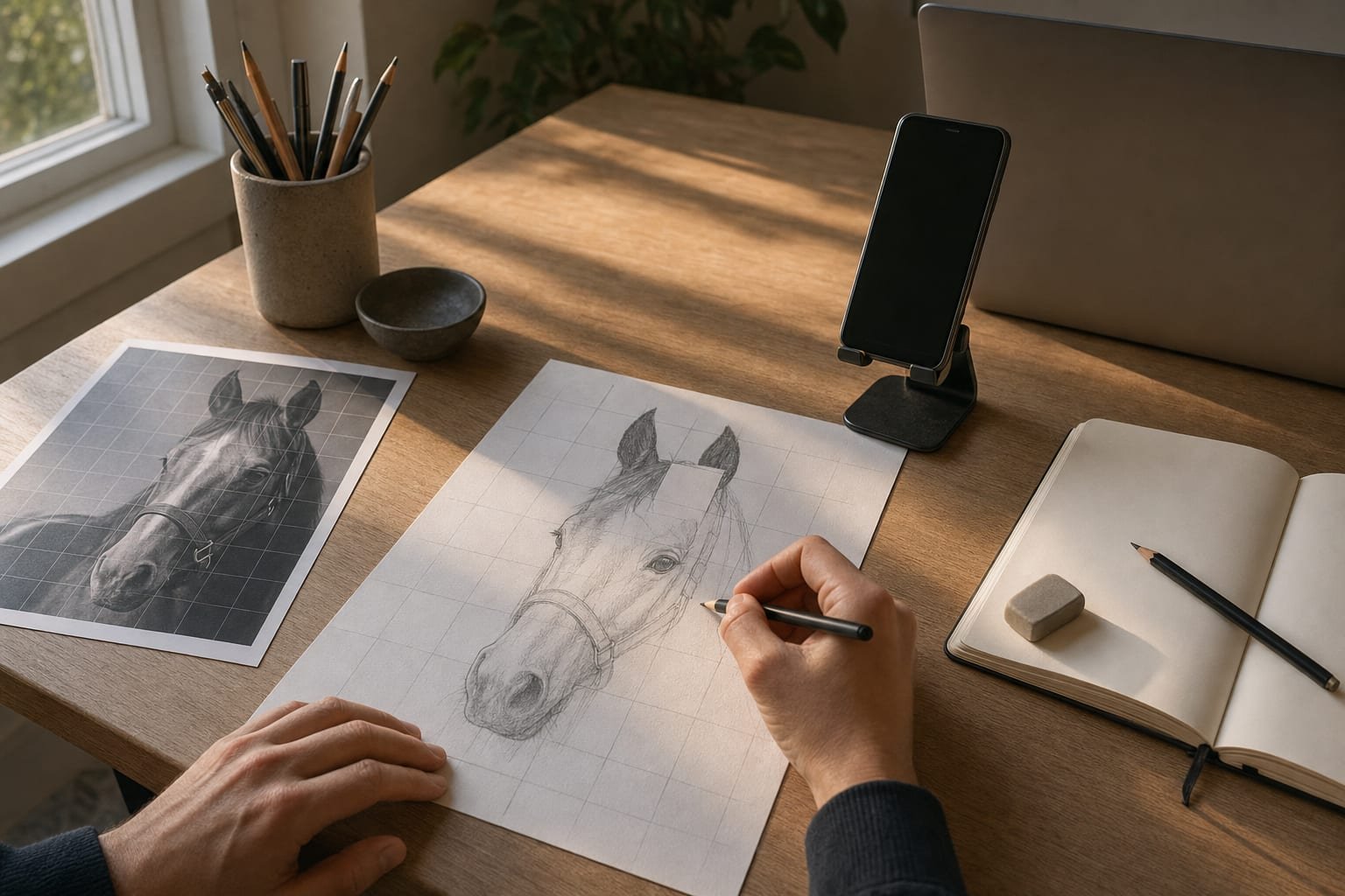 Desk with a laptop and gridded photo print on one side and a smartphone on a stand above a sketchbook on the other