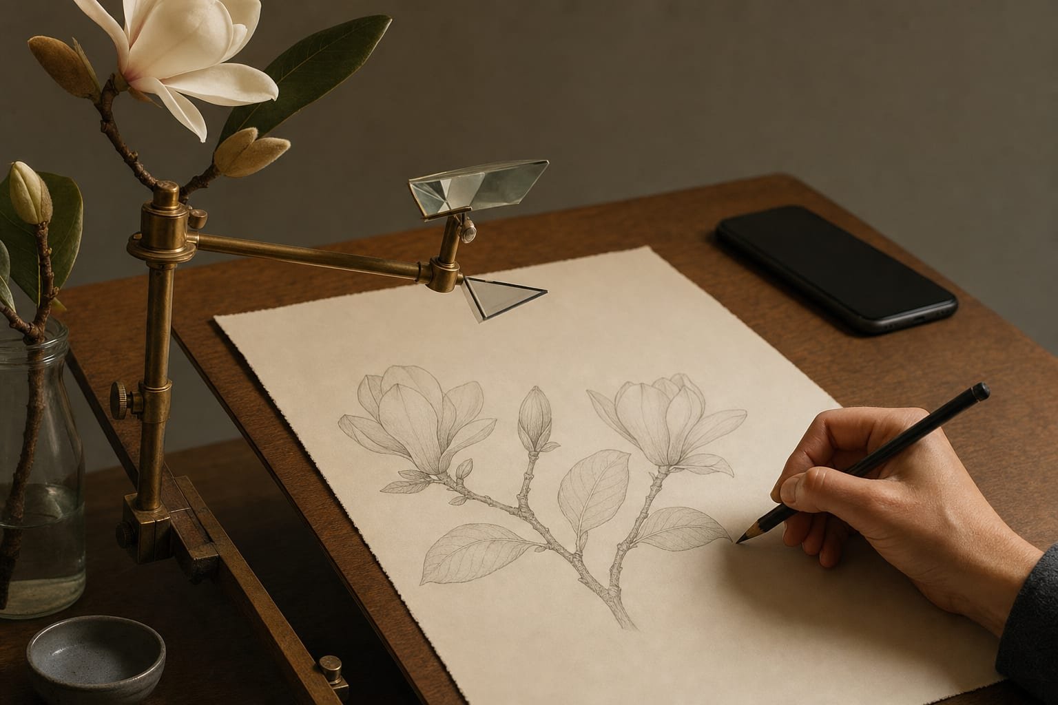 Vintage brass camera lucida clamped to a drawing board beside paper with faint pencil marks and a face-down smartphone