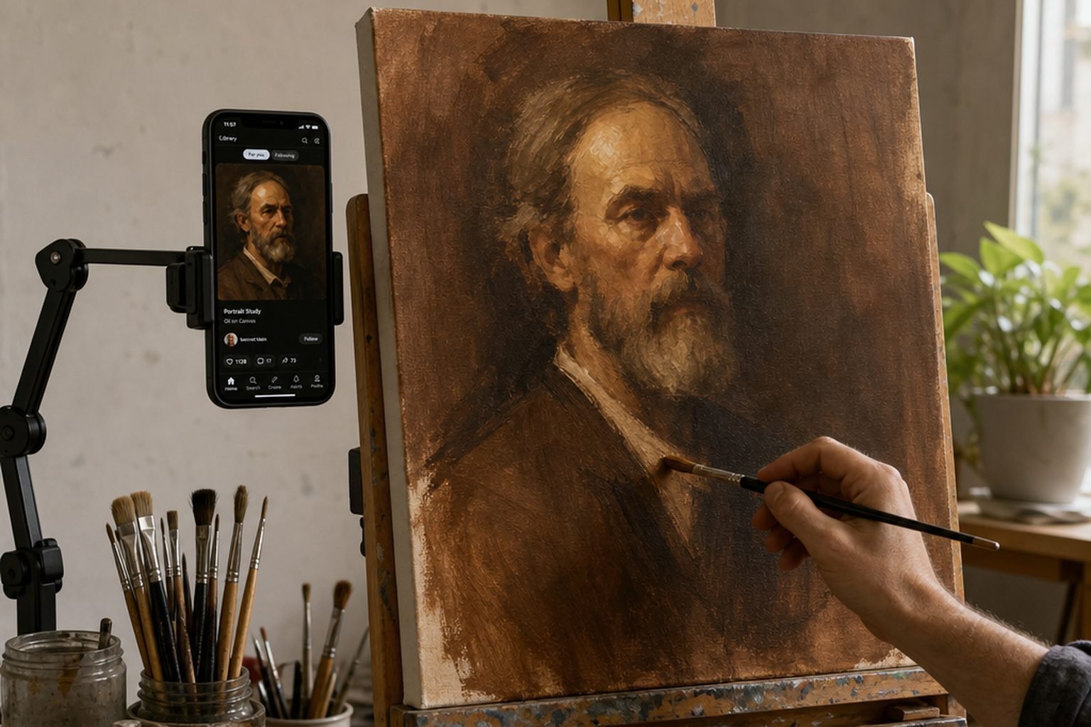 Illustration: a canvas on an easel with a phone on a clamp arm showing the portrait reference in the AR trace studio