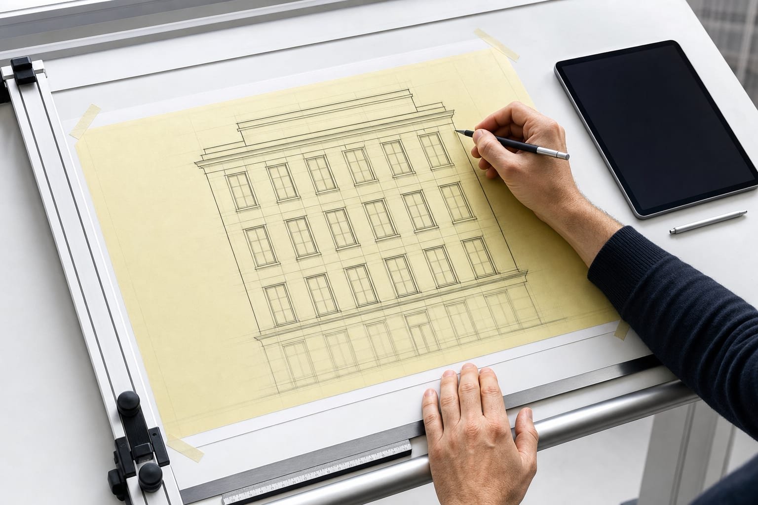 Drafting table with tracing paper taped over a pencil sketch, stylus and dark-screened tablet at the side
