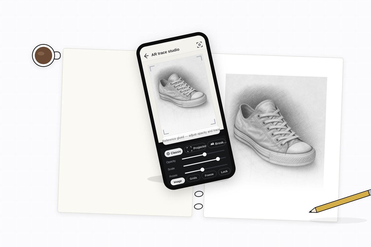 Illustration: a phone held over an open sketchbook showing the AR trace studio with a sneaker reference over the page