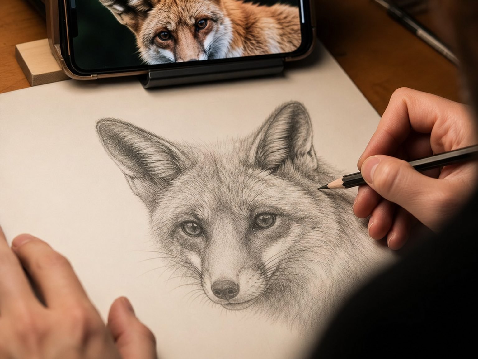 Illustration: a close view of a rabbit drawing on paper with a pencil and the corner of a phone showing the AR trace studio