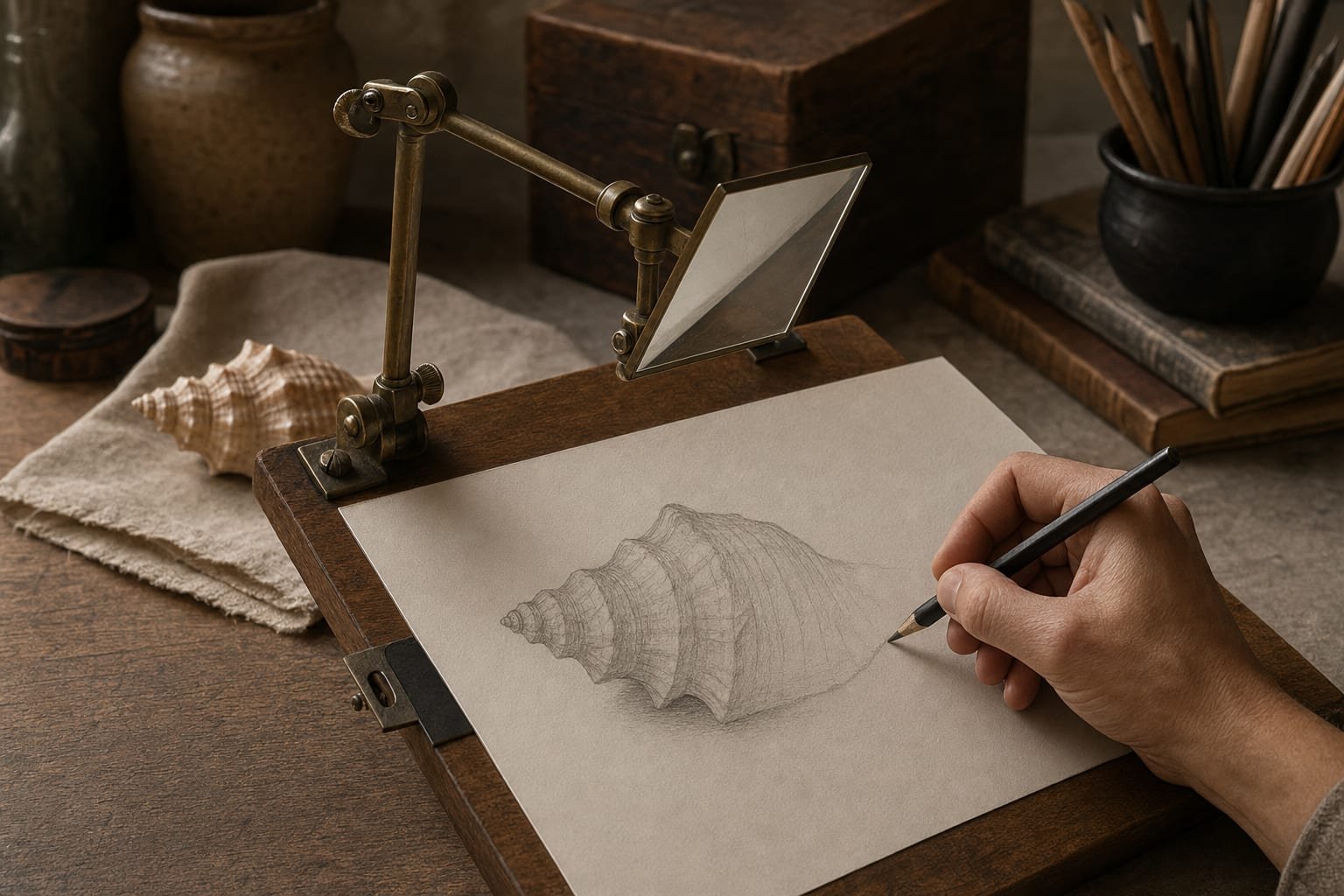 Brass camera lucida on an adjustable arm clamped to a drawing board, a prism over paper with faint pencil lines