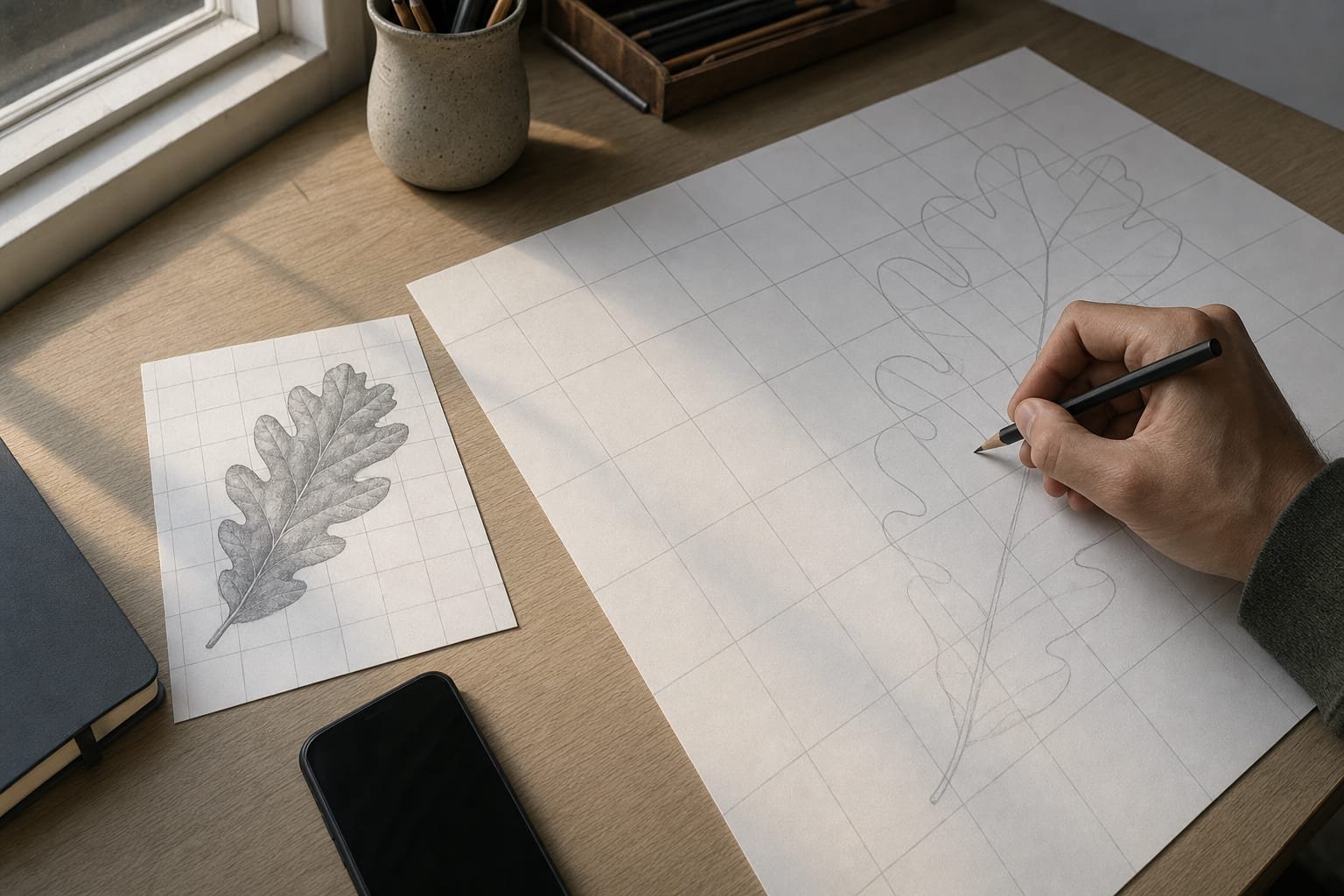 Small gridded sketch beside a larger gridded sheet, a hand copying one square up to enlarge the drawing