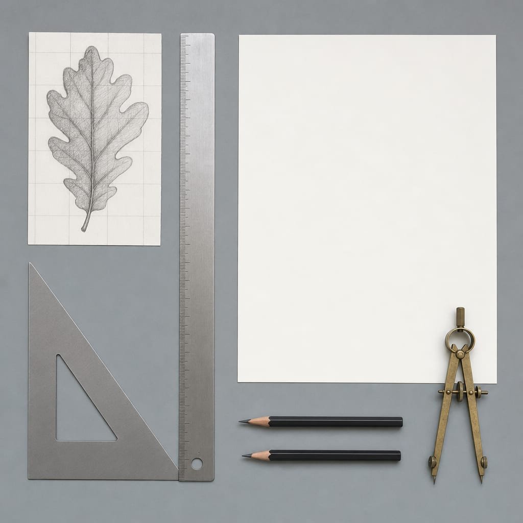 Flat-lay of enlarging tools: small original sketch, large blank sheet, ruler, set square, pencils, and proportional divider