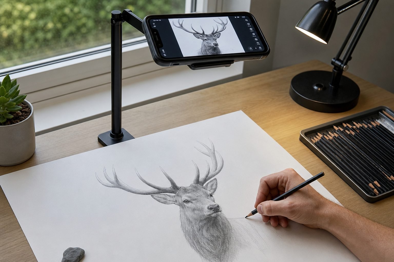 Illustration: a phone on an articulated arm held flat above a taped sheet of drawing paper, the AR trace studio showing a dog reference over the sheet