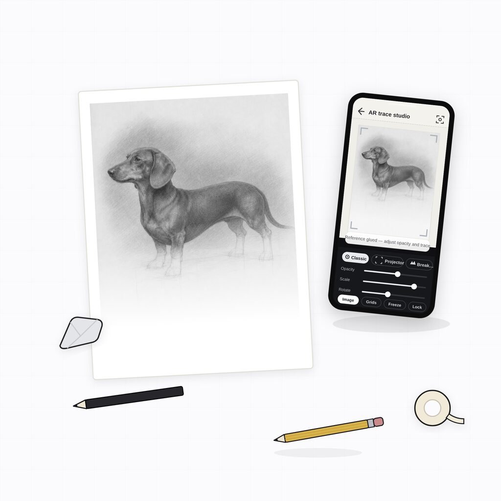 Illustration: an overhead flat-lay of drawing paper, pencils, an eraser, tape and a phone showing the AR trace studio