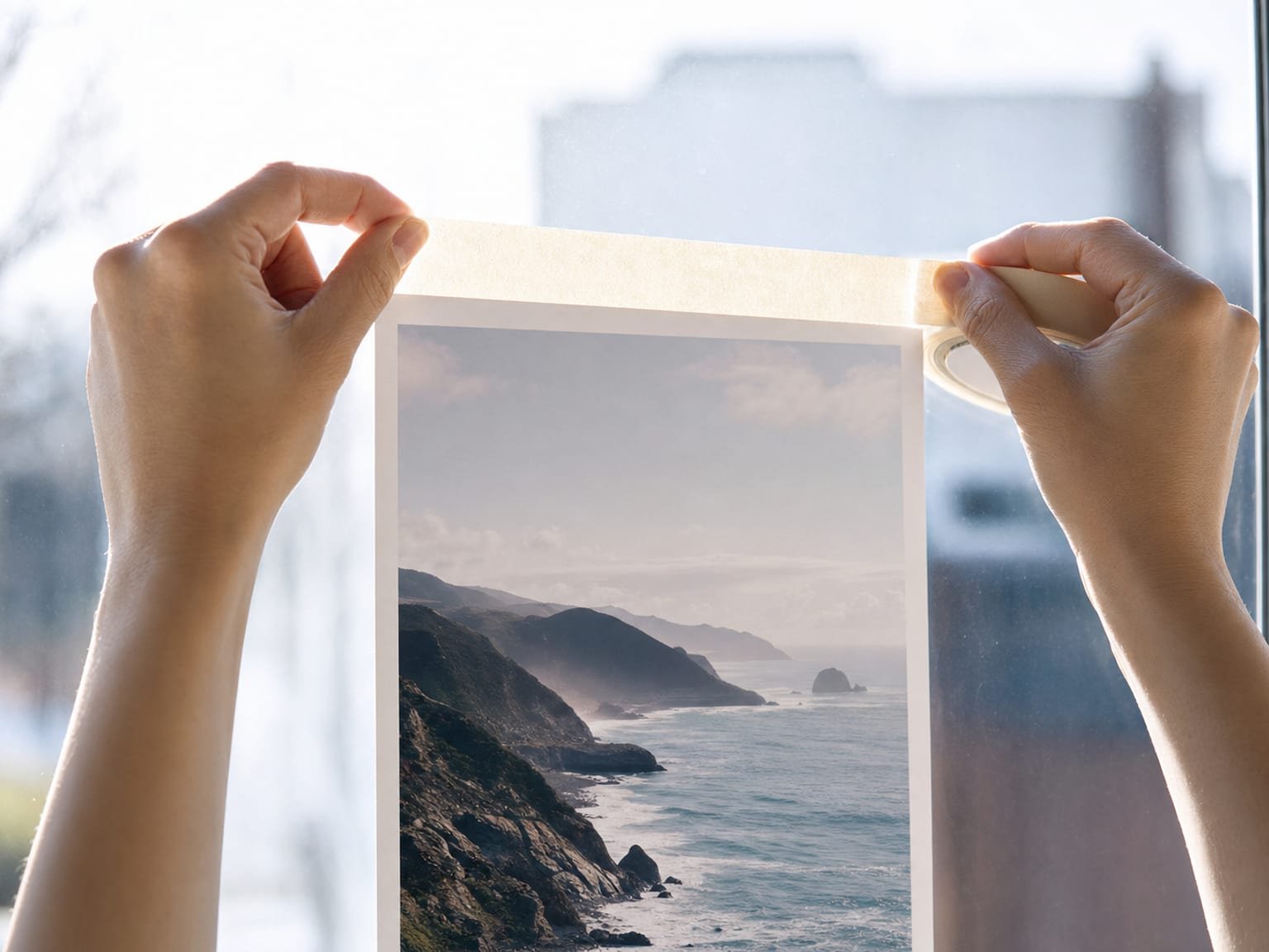 Hands taping the corner of a printed photograph to a window pane with artist tape