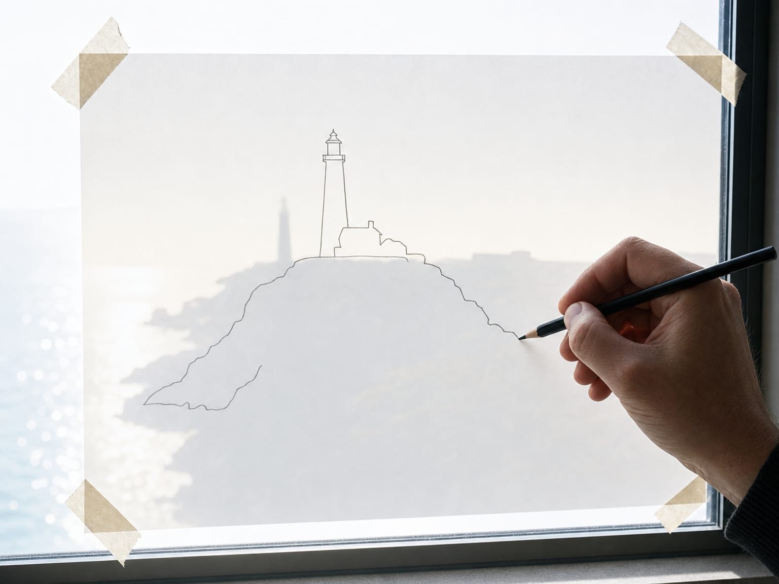 Pencil tracing contour lines through backlit paper on a window, image shapes visible through the page