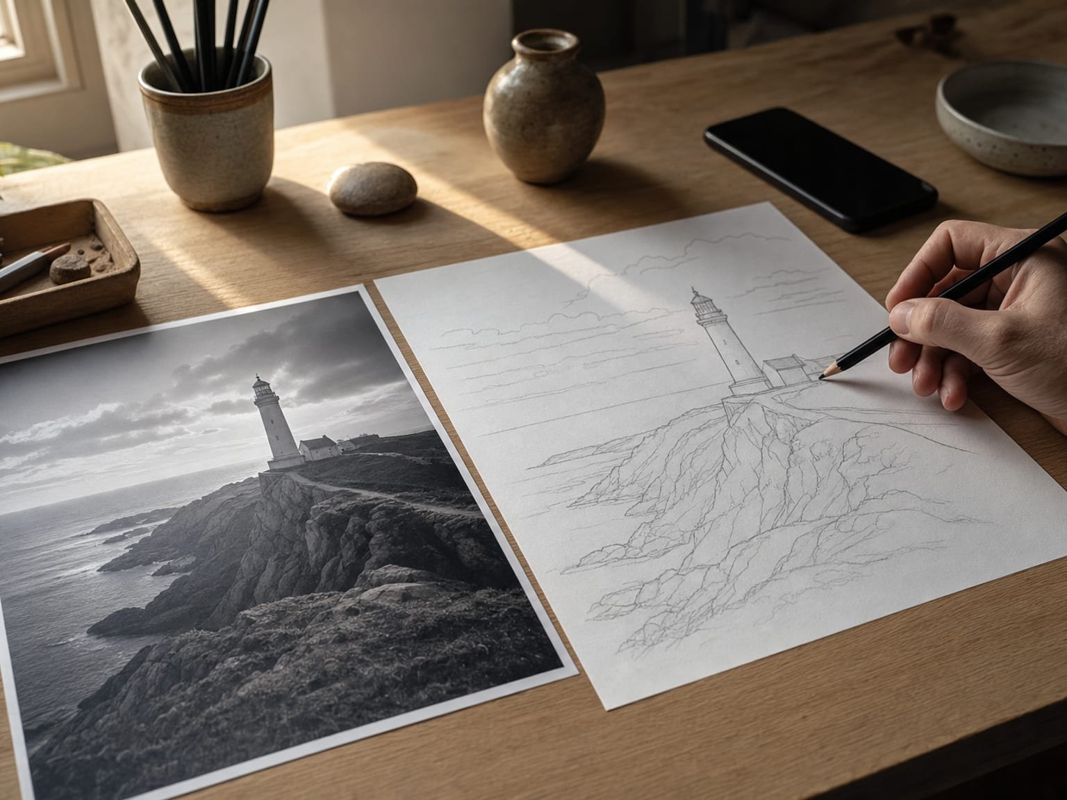 A finished pencil outline of a lighthouse on a headland lying on a desk beside the black-and-white photograph it was traced from