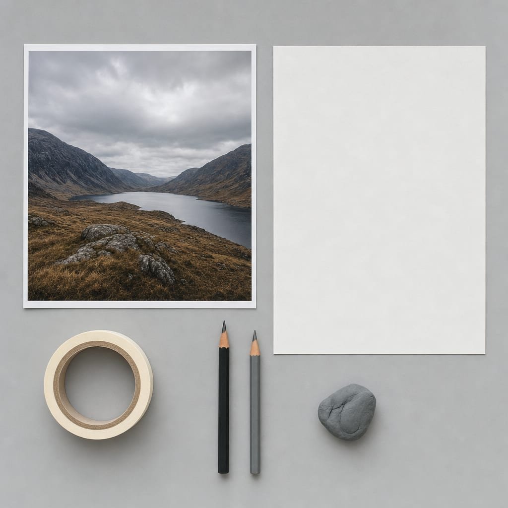 Flat-lay of window tracing materials: printed photo, drawing paper, artist tape, two pencils, and an eraser