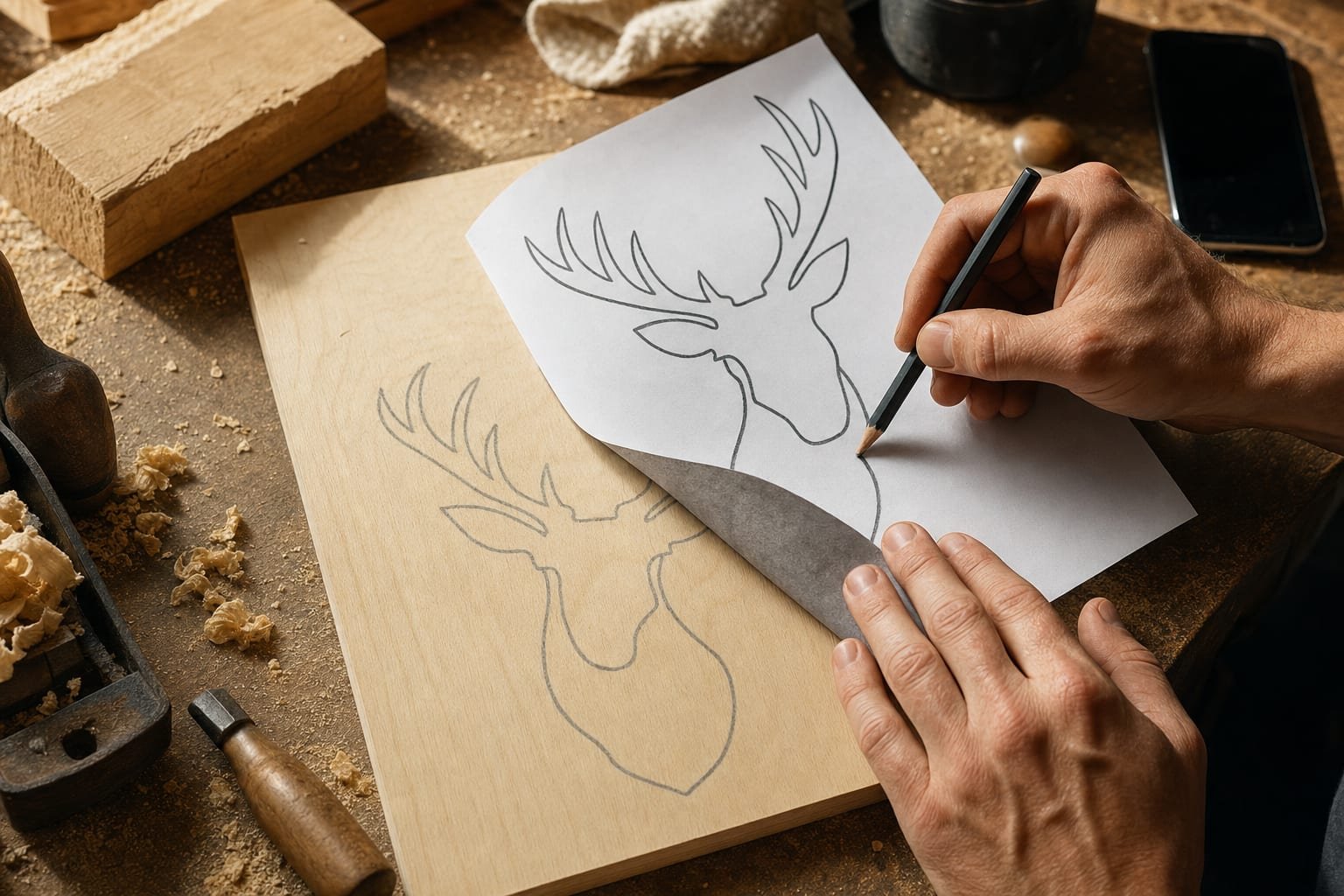 Hand tracing over transfer paper on a wood panel, a lifted corner revealing transferred lines on the grain