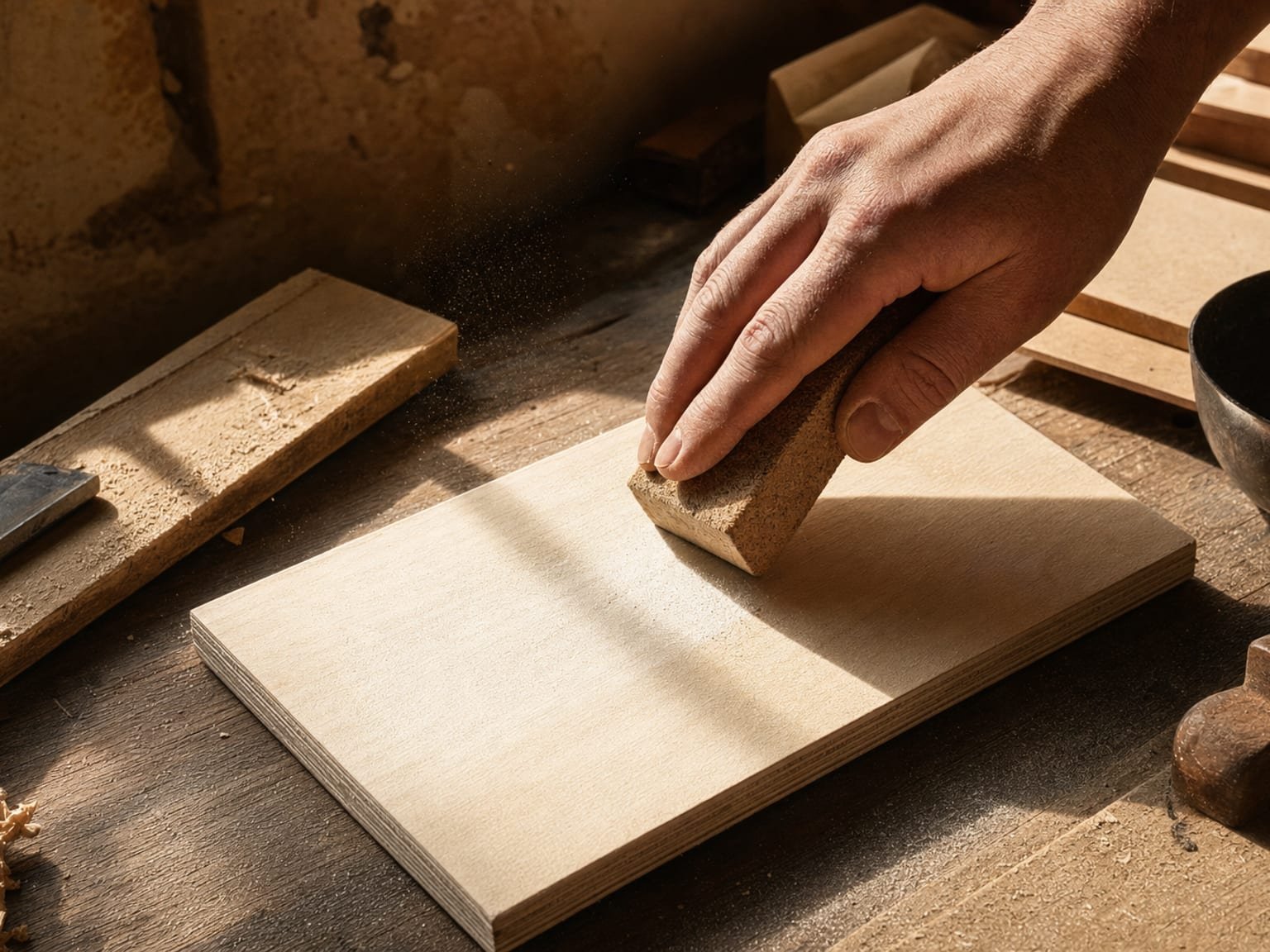 Hand sanding a small wood panel smooth with a sanding block, sawdust catching the light