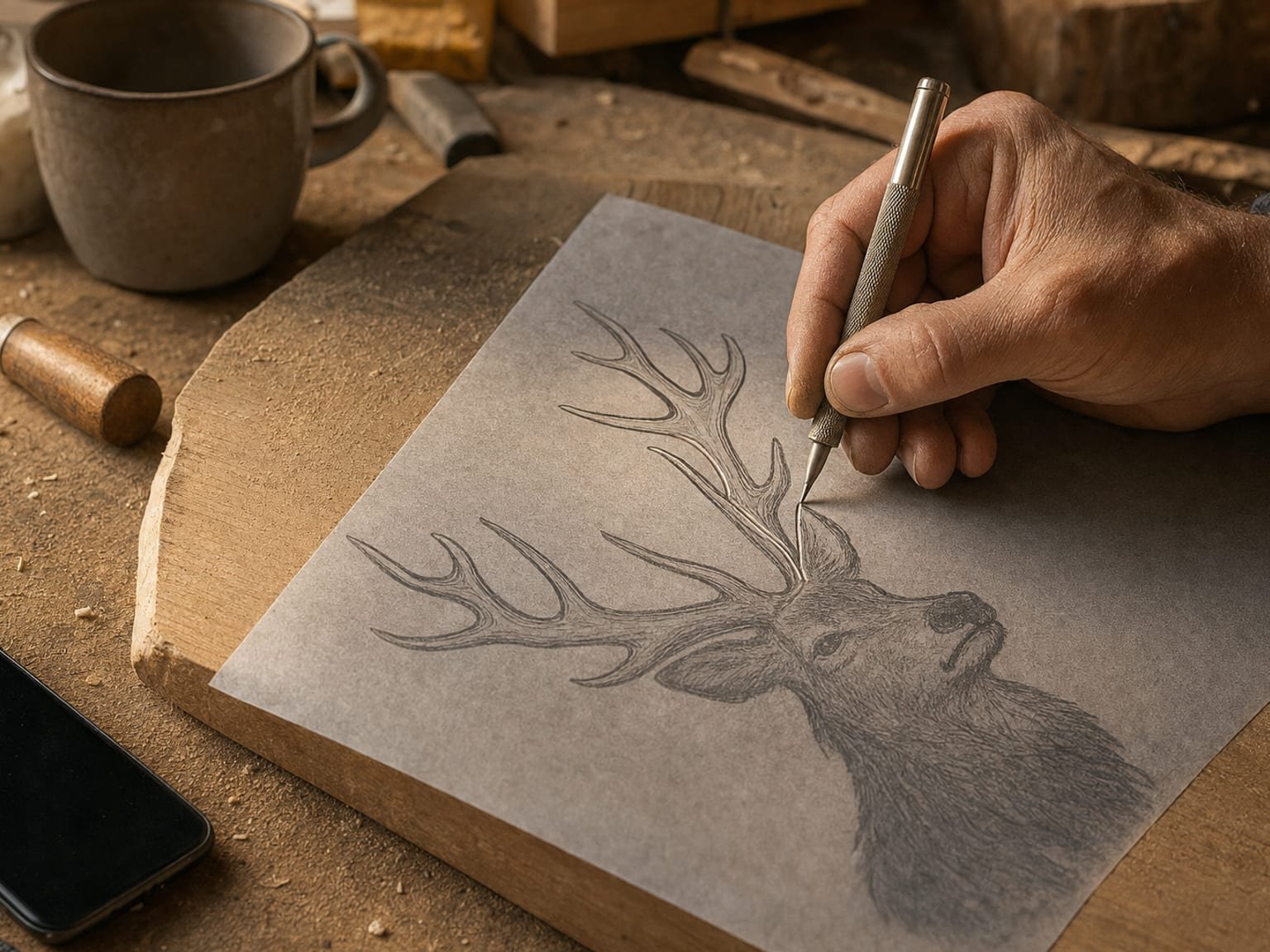 Stylus tracing design outlines through a printed sheet over graphite paper on a wood board
