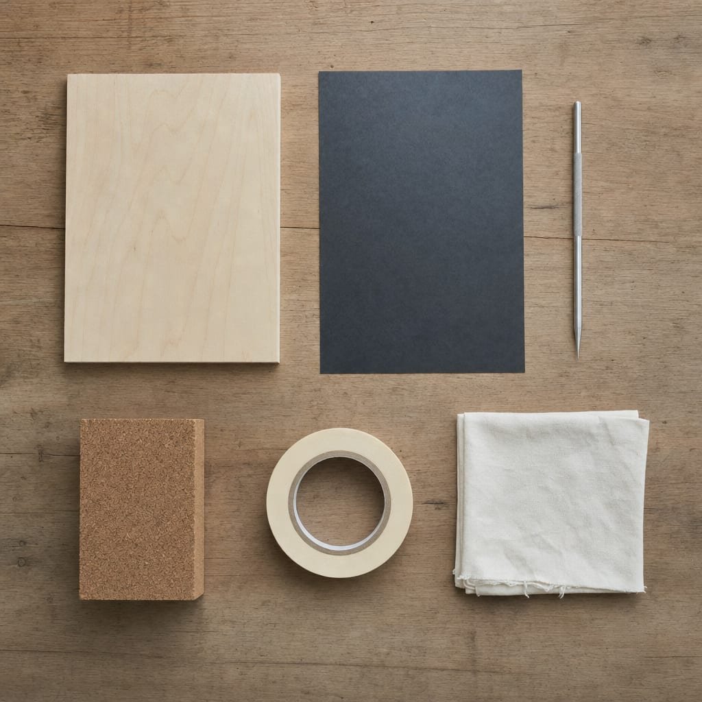 Flat-lay of wood transfer materials: wood panel, graphite paper, stylus, sanding block, tape, and cloth