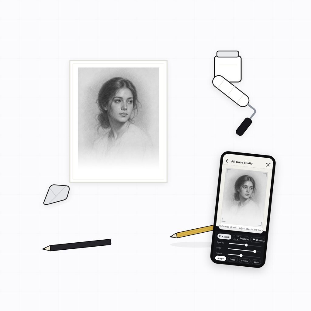 Illustration: an overhead flat-lay of a small canvas, gesso, a roller, pencils and a phone showing the AR trace studio