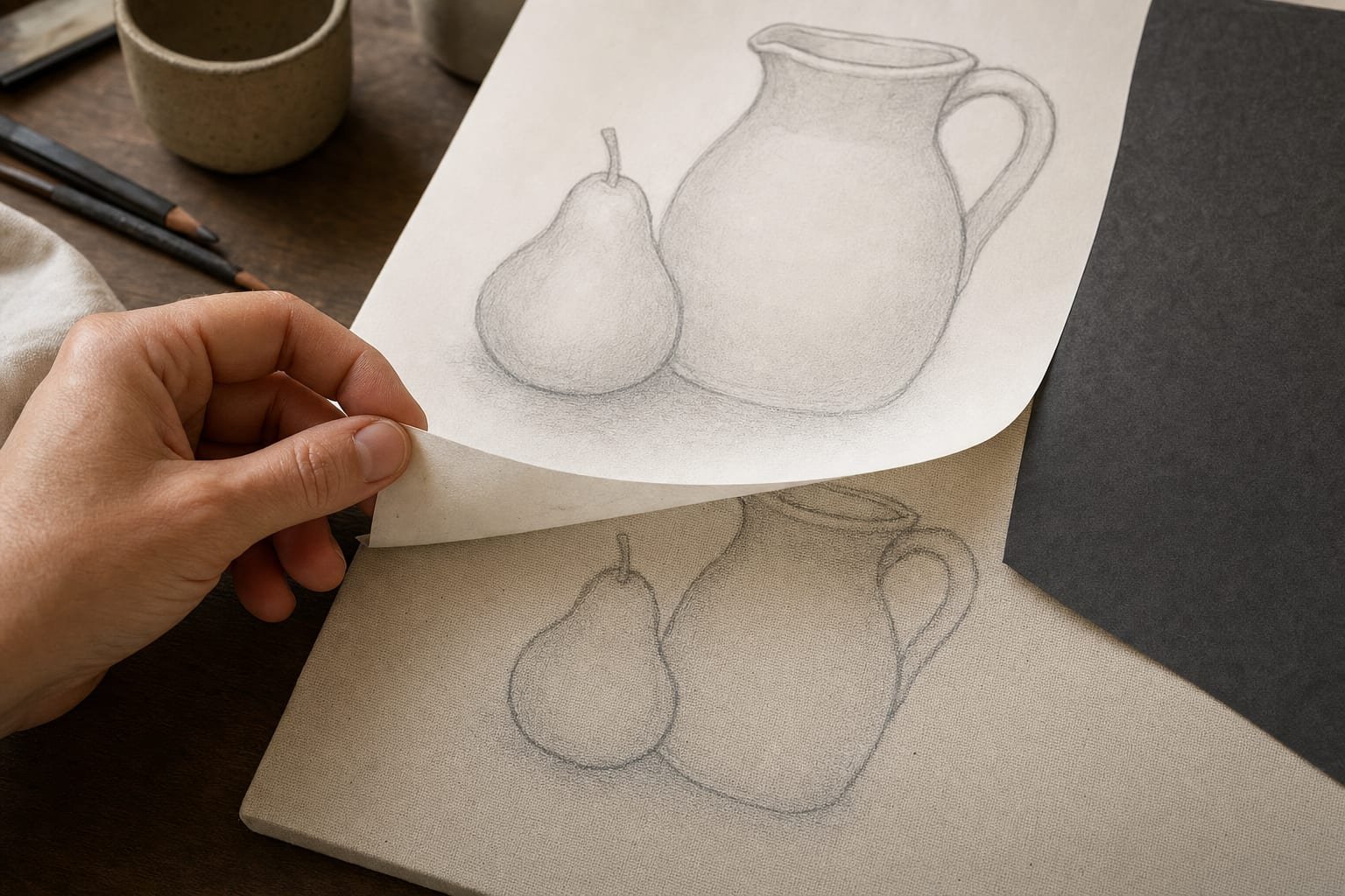 Hand lifting a pencil drawing off a canvas to reveal transferred graphite lines, transfer paper at the edge