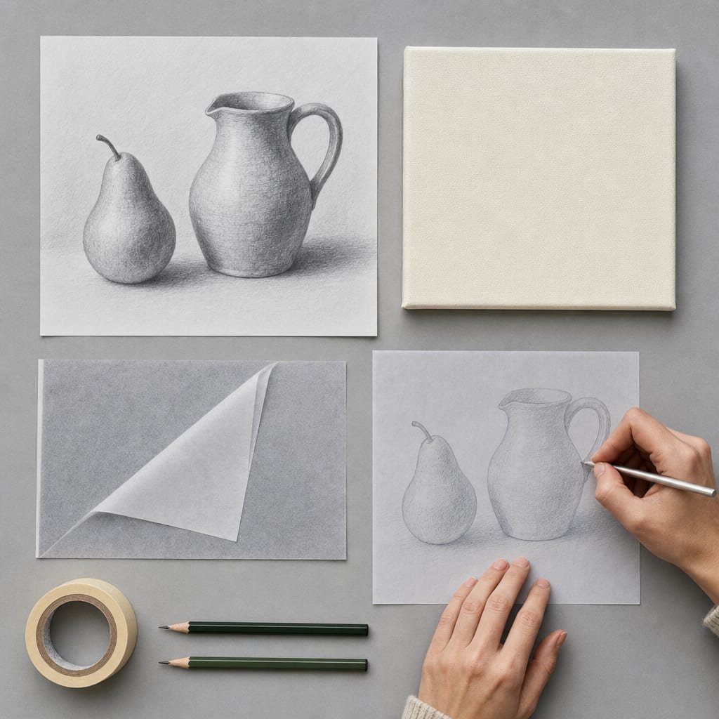 Flat-lay of drawing-to-canvas transfer materials: pencil drawing, canvas, graphite paper, stylus, tape, and pencils