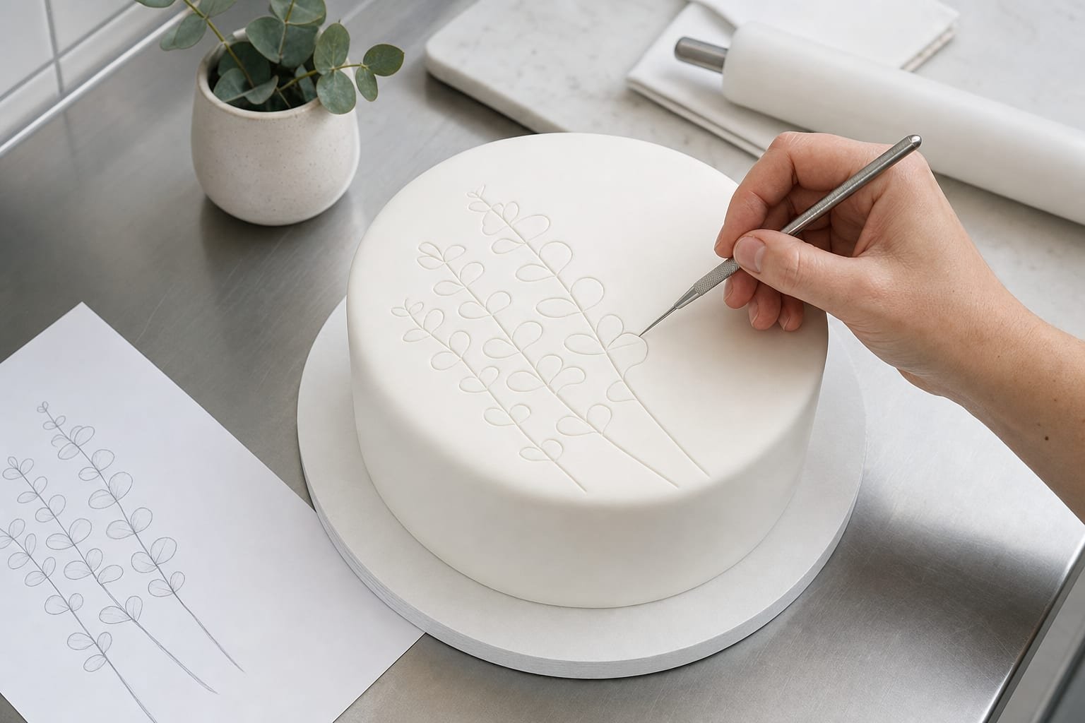 Hand scribing a design onto a fondant-covered cake with a food-safe tool beside a printed template