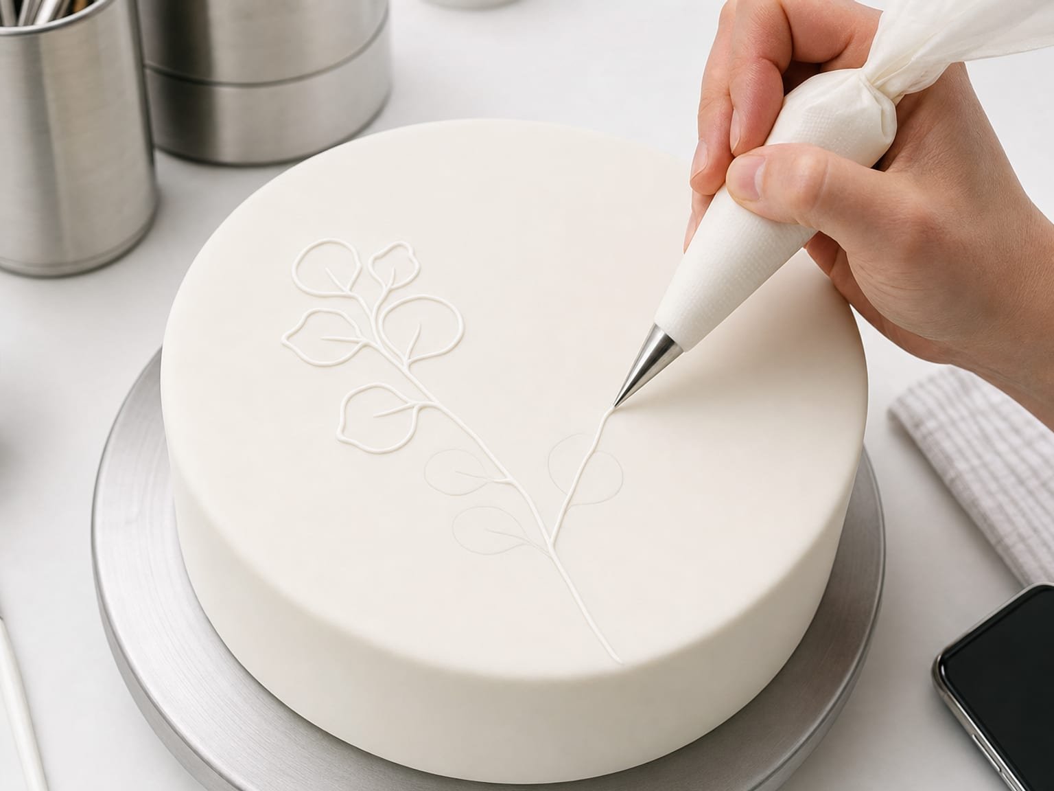 Piping bag tracing fine outlines along scribed guide marks on a fondant cake