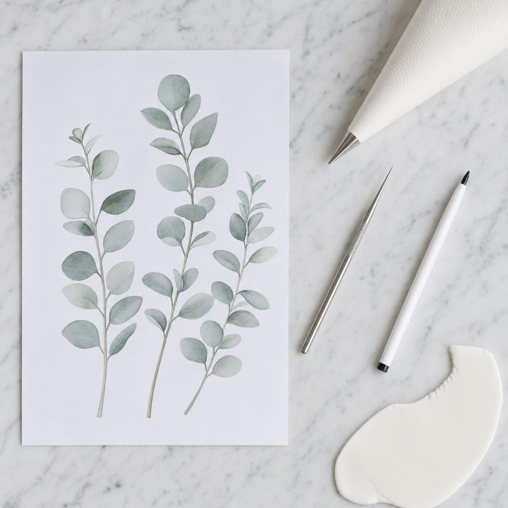 Flat-lay of cake transfer tools: printed template, food-safe scriber, piping bag, edible-ink pen, and fondant offcut