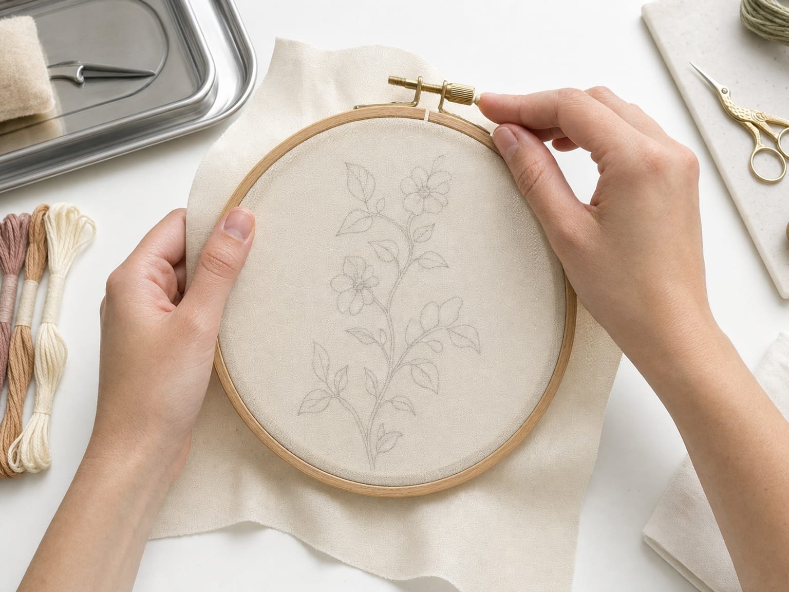 Hands stretching pale cotton taut in a wooden embroidery hoop over a positioned pattern
