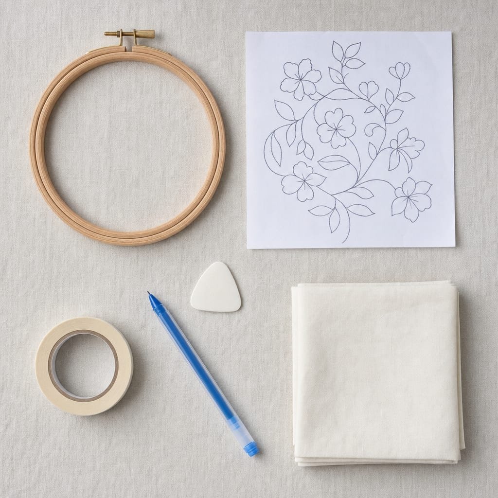 Flat-lay of fabric transfer materials: embroidery hoop, printed pattern, fabric pen, tailor's chalk, tape, and cotton