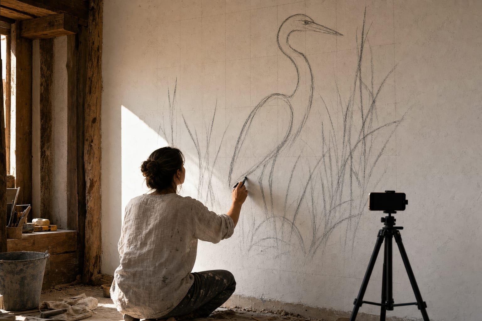 Artist sketching charcoal guide lines on a large blank wall with a smartphone on a tripod aimed at it