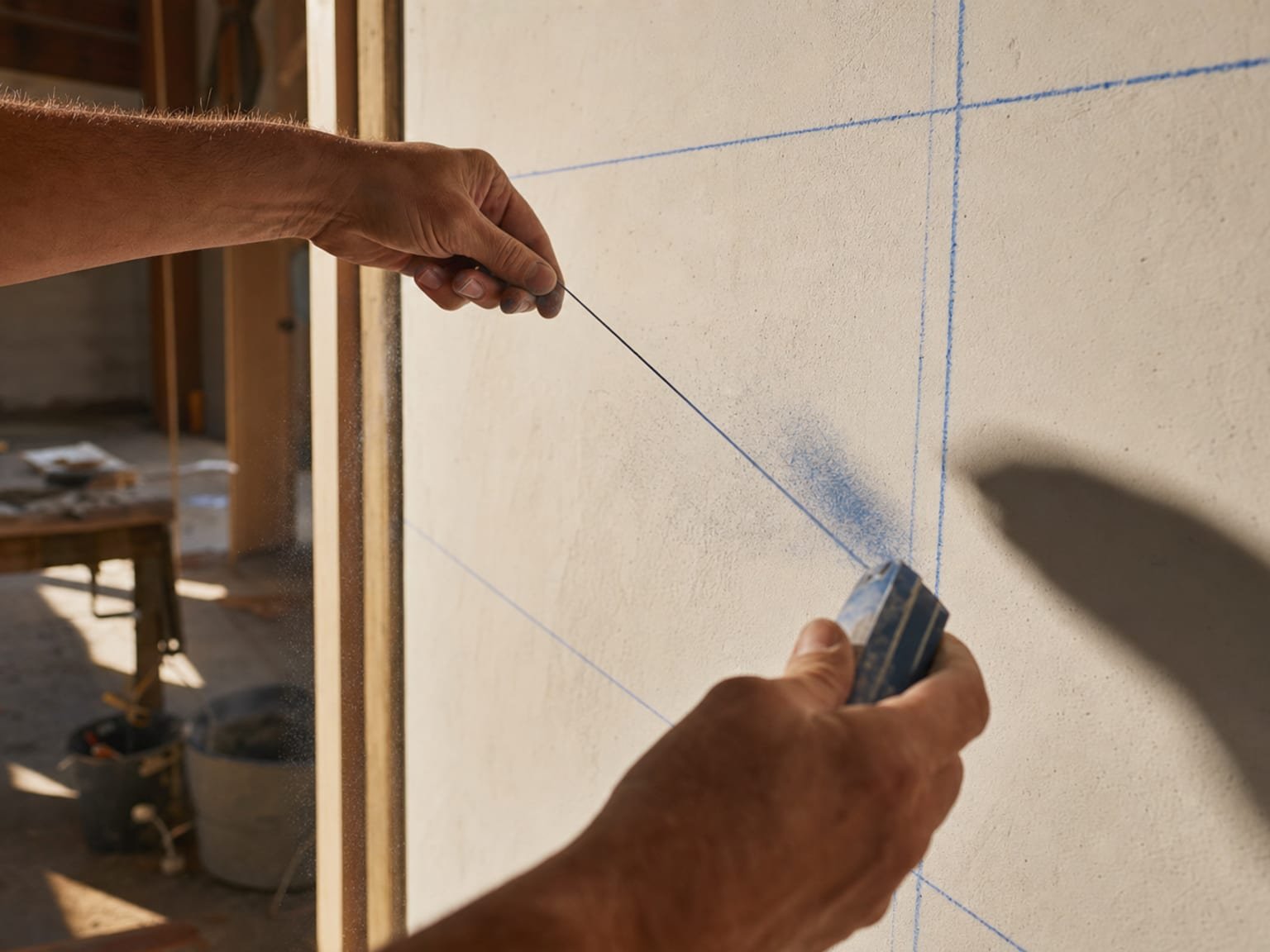 Hand snapping a chalk line across a wall to build a light proportional grid on the plaster