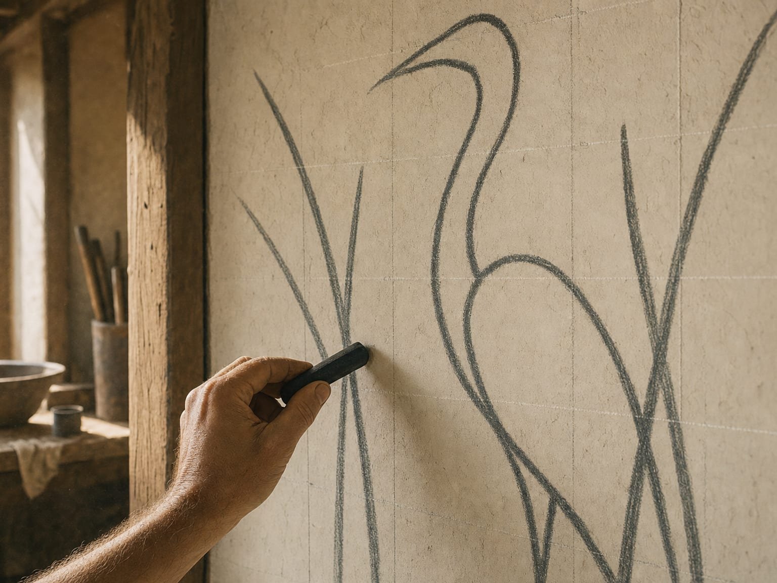 Hand blocking in loose charcoal outlines of a large design on a plaster wall