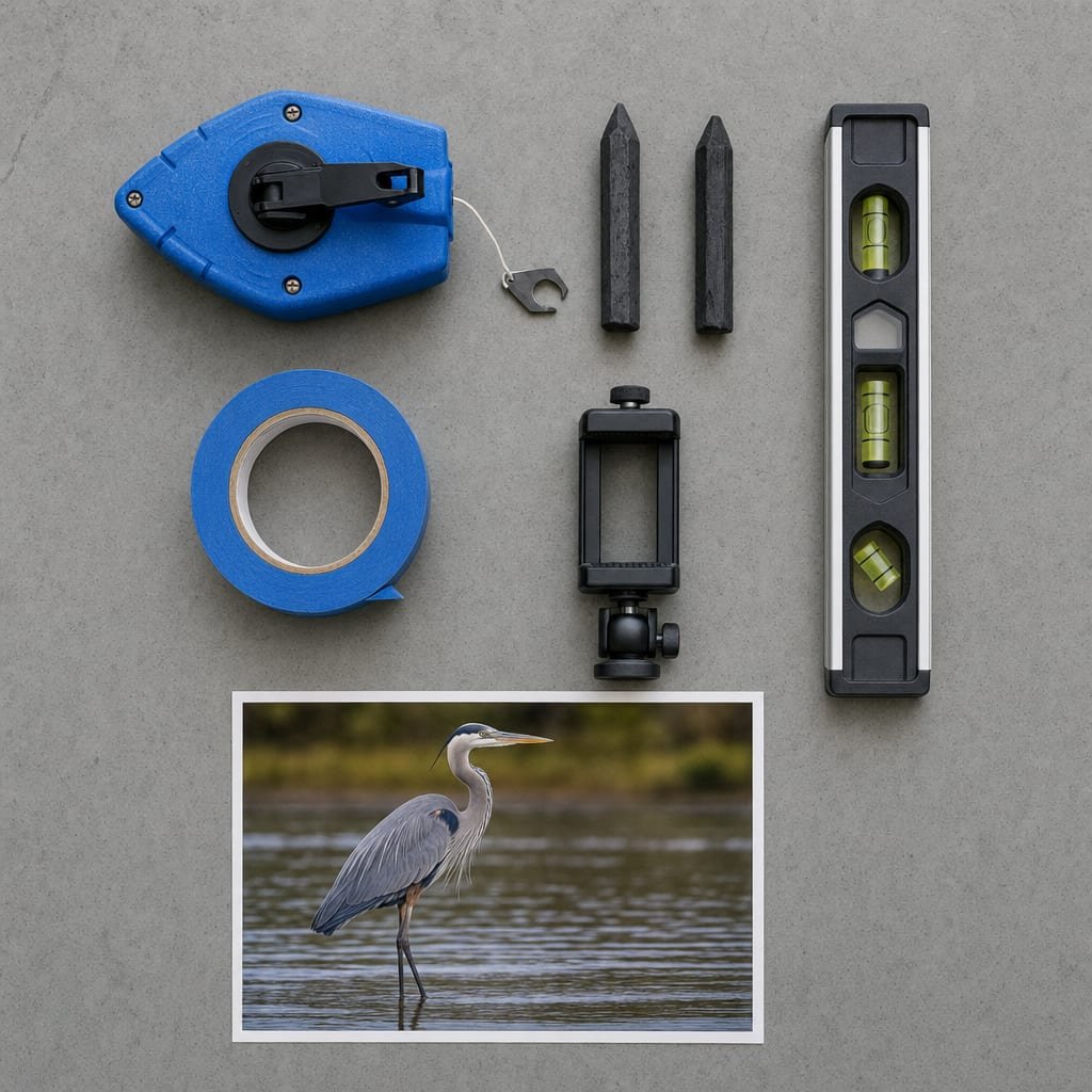 Flat-lay of wall transfer tools: chalk line reel, charcoal, level, painter's tape, phone tripod clamp, and printed reference