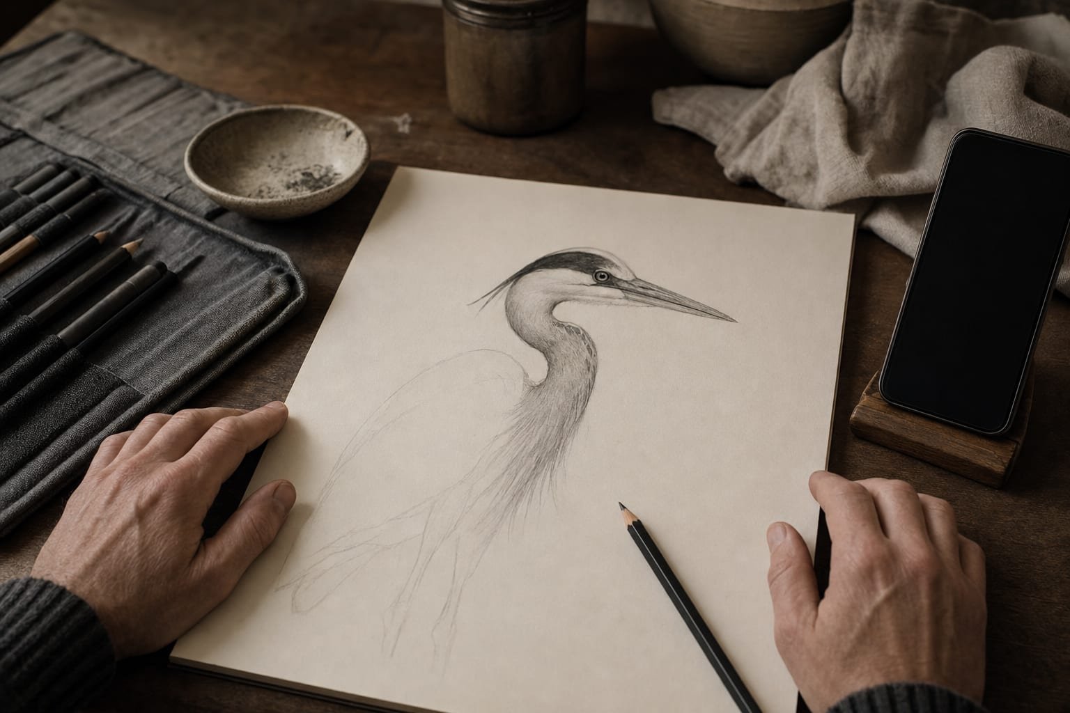 Artist's hands resting over a half-finished drawing with a phone on a stand nearby, a contemplative mood