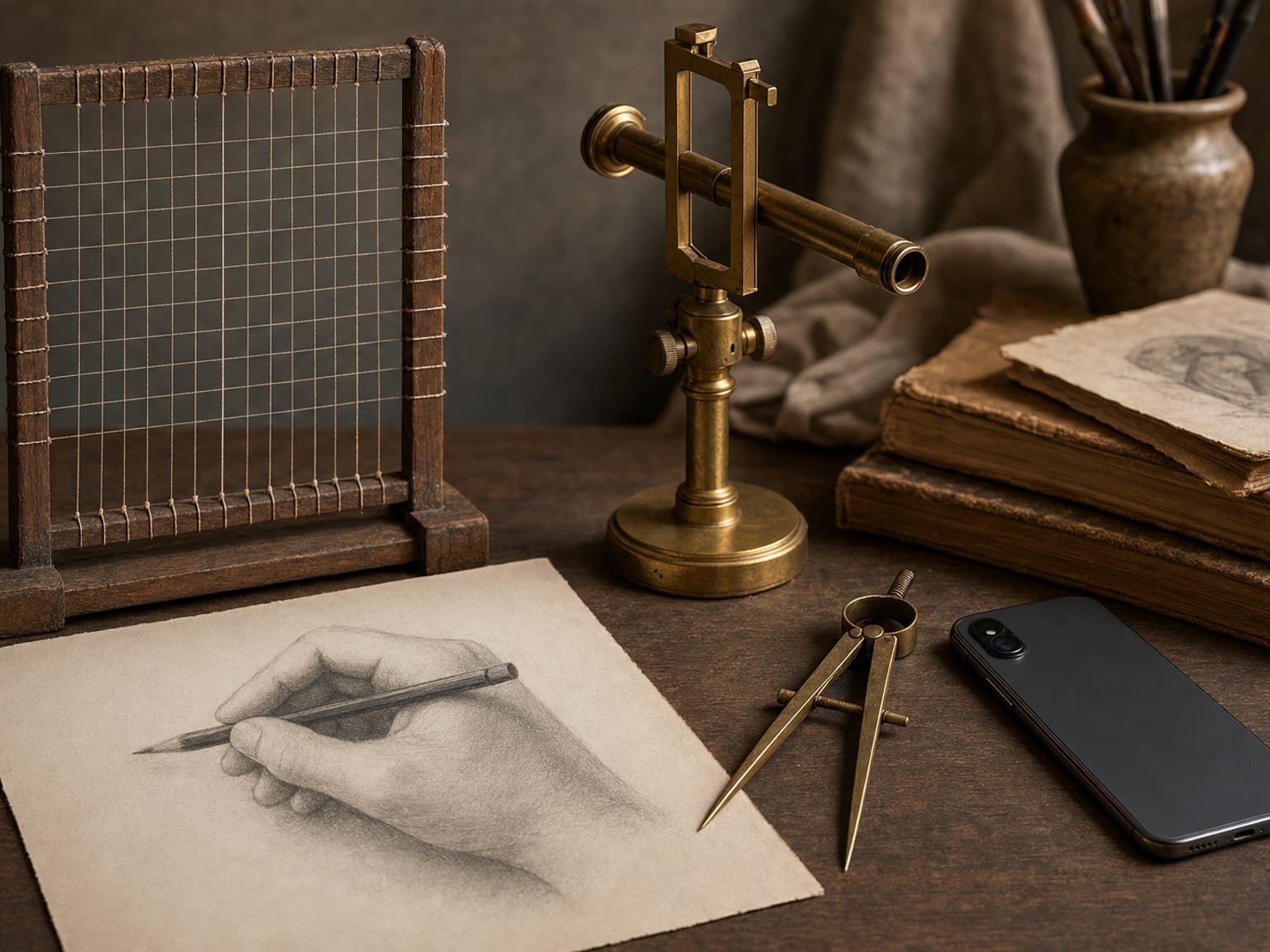Still life of historical drawing aids on a desk: a gridded veil frame, a brass optical device, and a modern smartphone