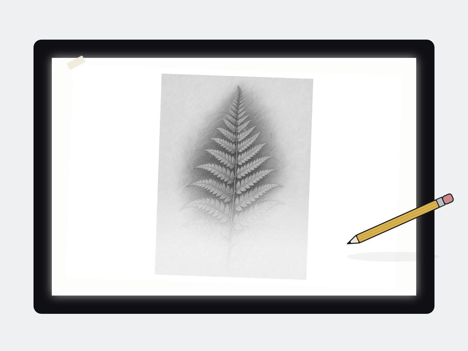 Illustration: a fern drawing being traced on paper over a glowing LED light box