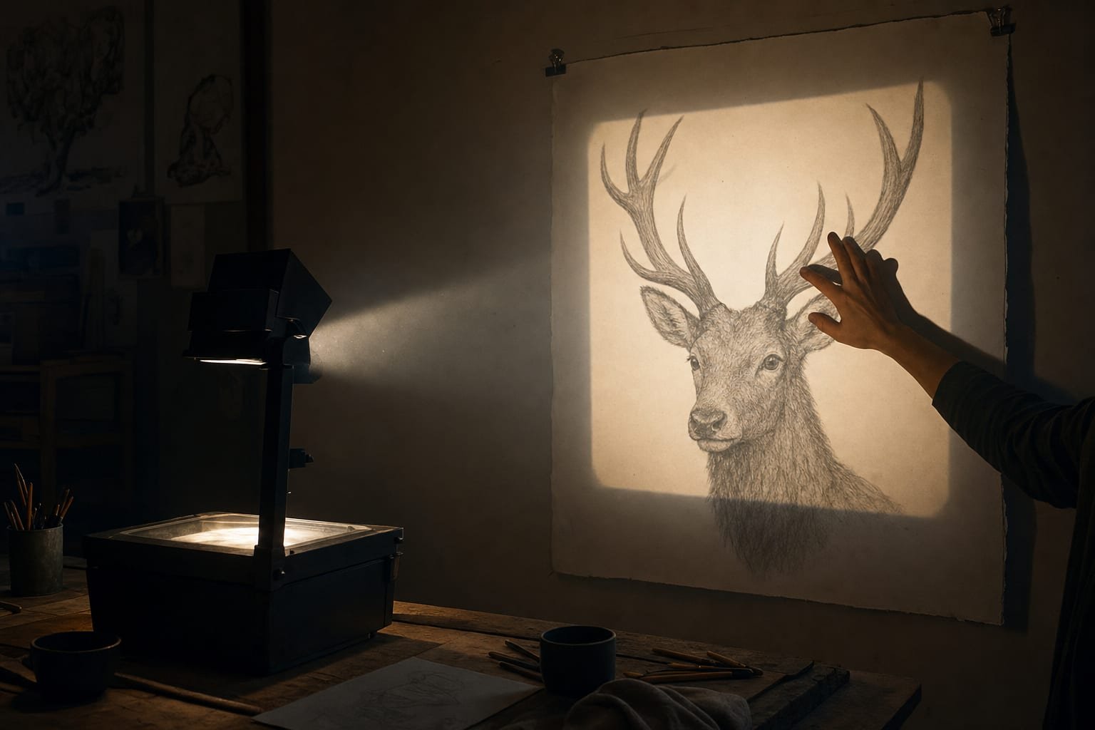 Tabletop art projector casting an image onto wall-mounted paper while a silhouetted hand traces within the projection