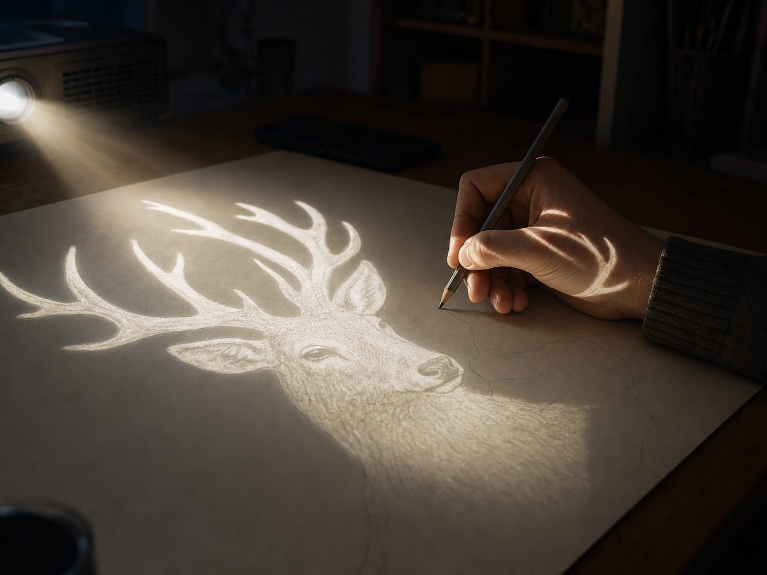 Hand tracing a projected outline lightly in pencil on a large sheet, the projected image glowing across the paper