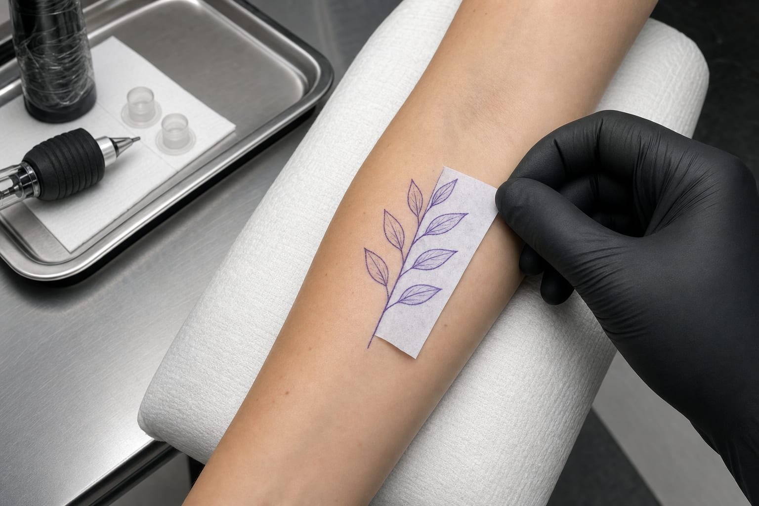 Gloved hand pressing a thermal stencil onto a forearm, a lifted edge revealing the transferred line on skin