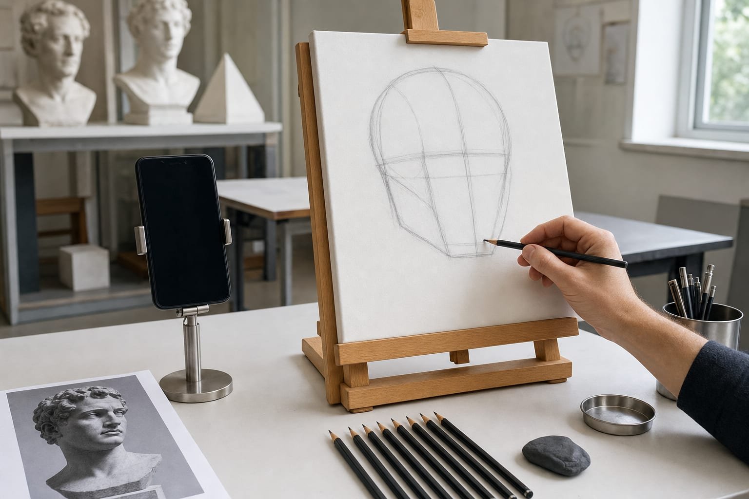 Classroom setup with a table easel and canvas, a phone on a stand, pencils, and a printed portrait reference