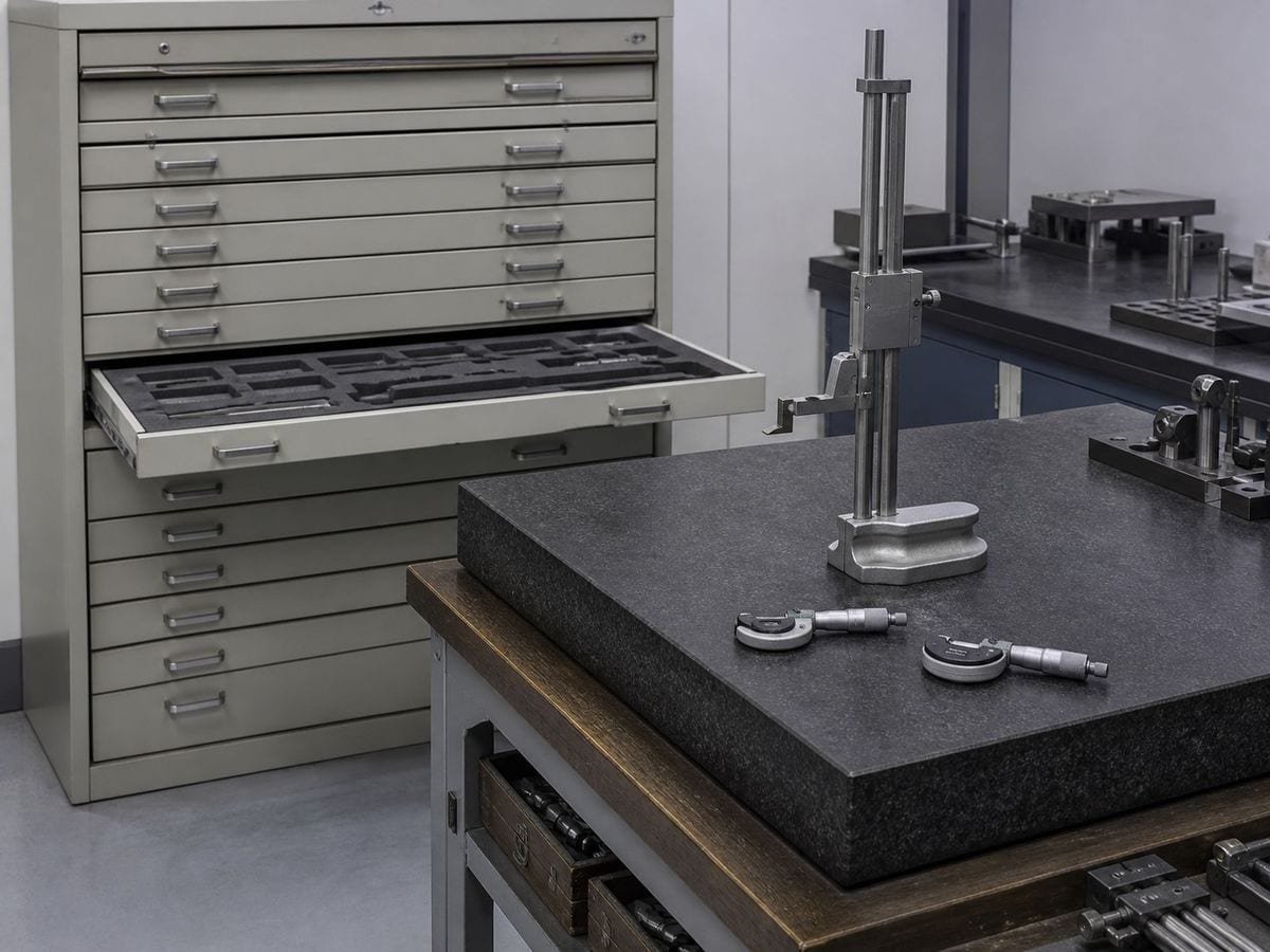 A precision toolroom with an open gauge cabinet drawer and an inspection bench beyond