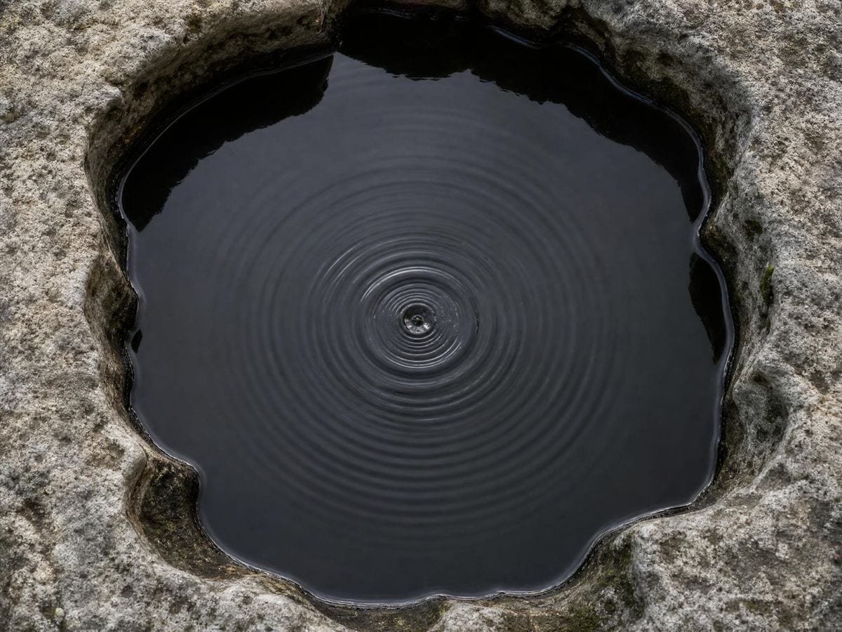 Evenly spaced rings spreading from a single drop in a dark stone water basin