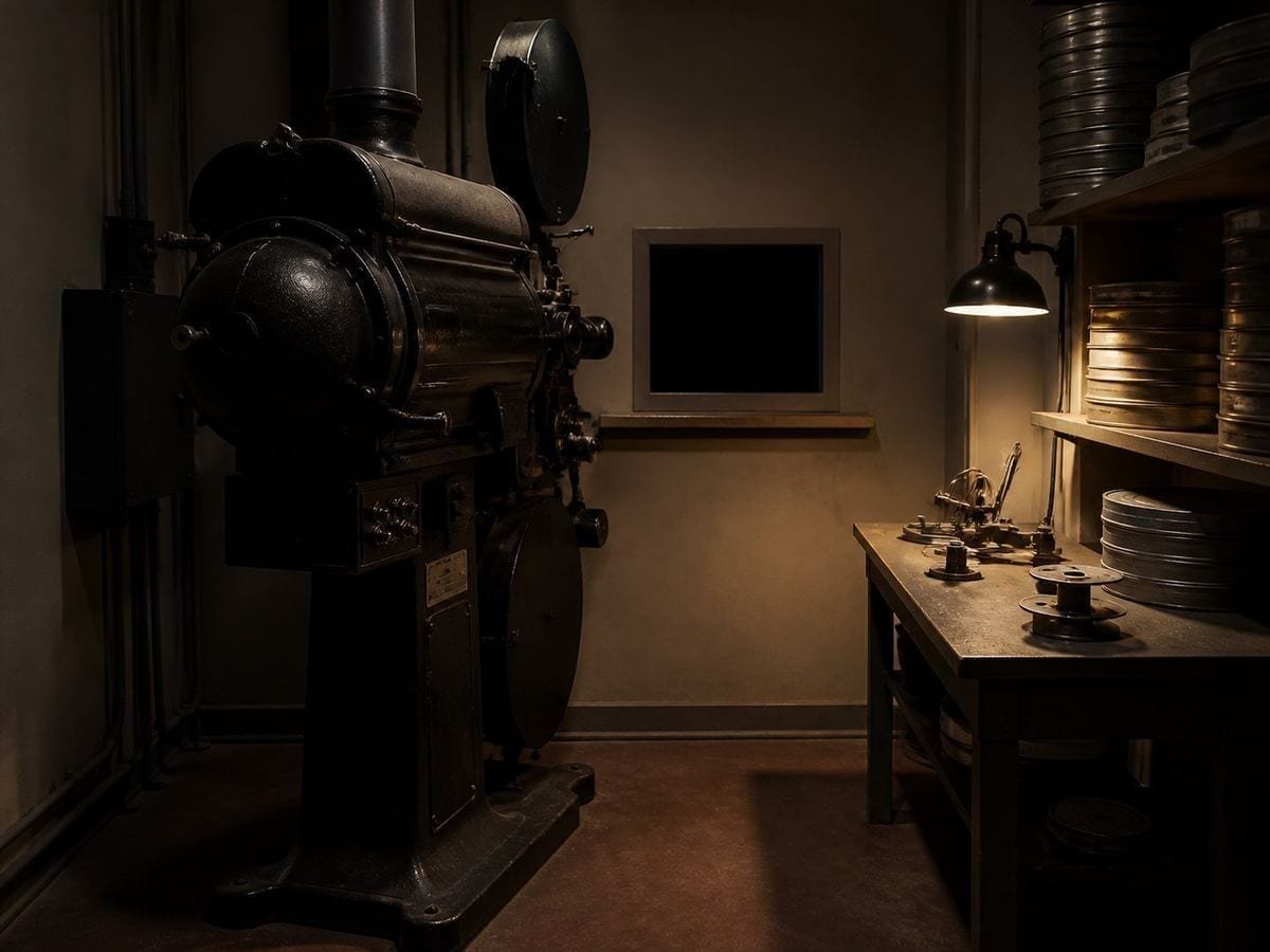 A cinema projection booth with a carbon-arc projector beside a dark rectangular port window