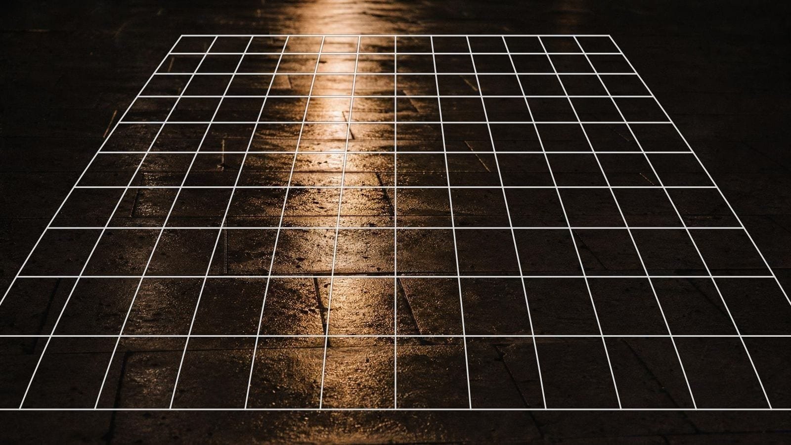 Anamorphic grid overlay on a long stretched light reflection on wet night pavement