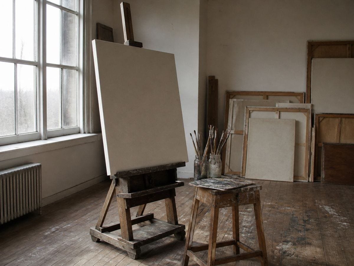 A painter's studio with a blank stretched canvas on a timber easel under north light